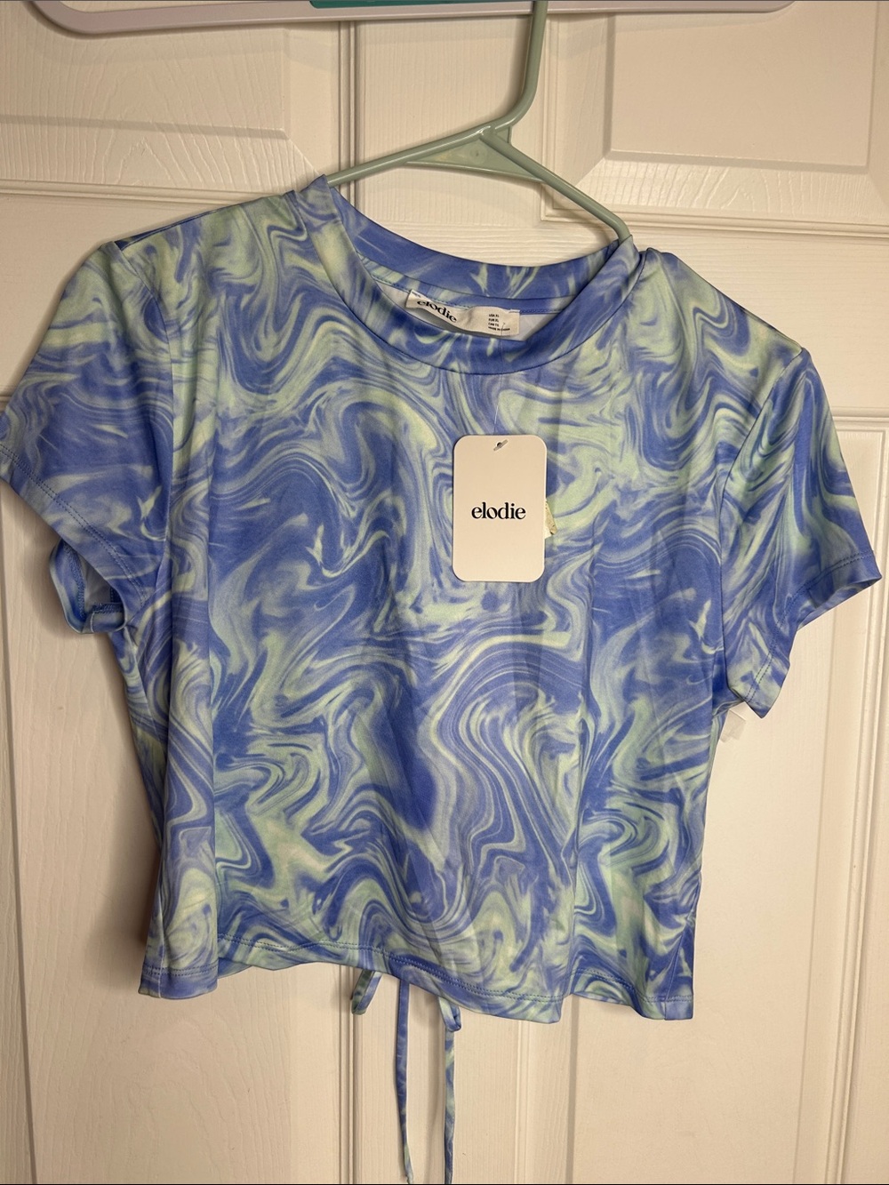 elodie Blue and Mint Marble Tie-Front Crop Top